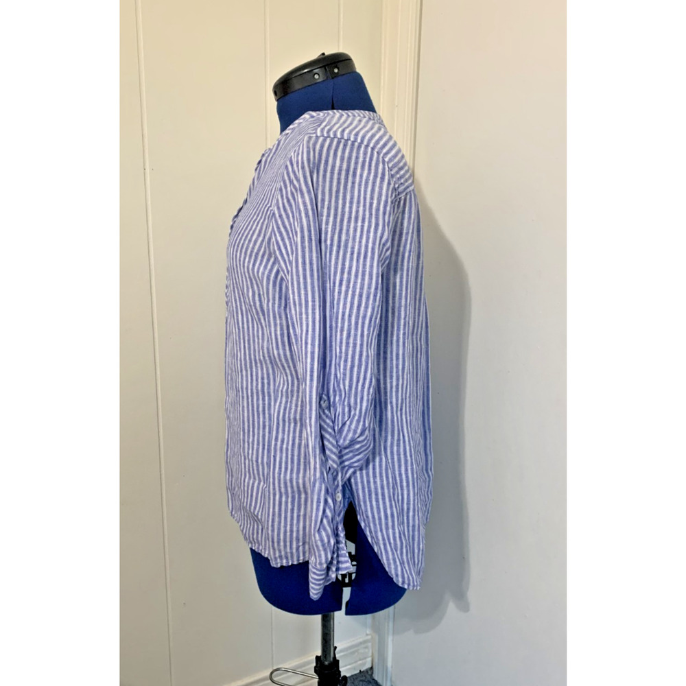 Talbots Linen Top Large Petite Blue Striped Nautical Roll Tab Sleeve Resort - Picture 3 of 10